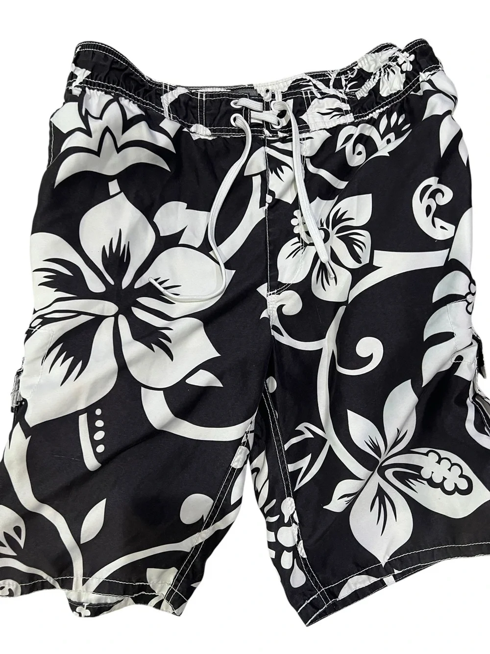 Old Navy Large Men's Black Floral Swim Board Shorts with White Hibiscus Print